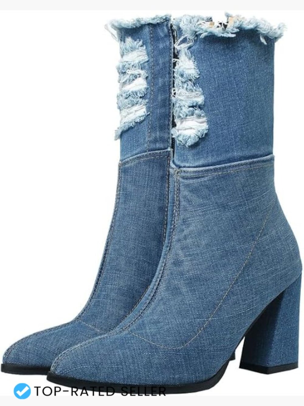Pointed Toe Chunky High Heel Denim Ankle Booties with Side Zipper